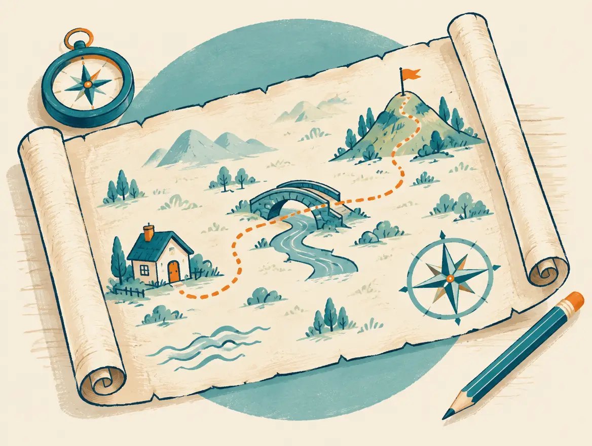 An illustrated map with a dotted path to a flag on a hill, a compass and a pencil