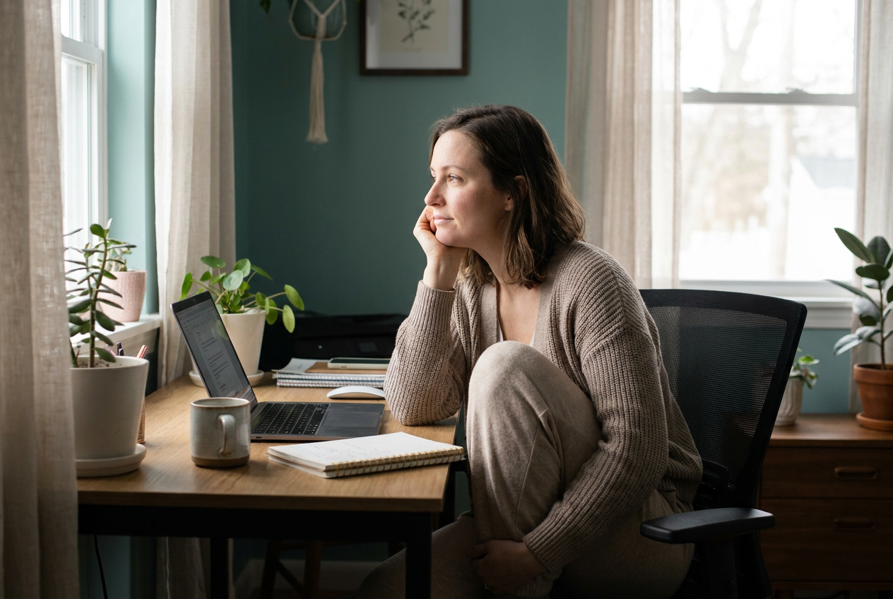 A newly qualified counsellor sitting thoughtfully at her home-office desk, looking out of the window.