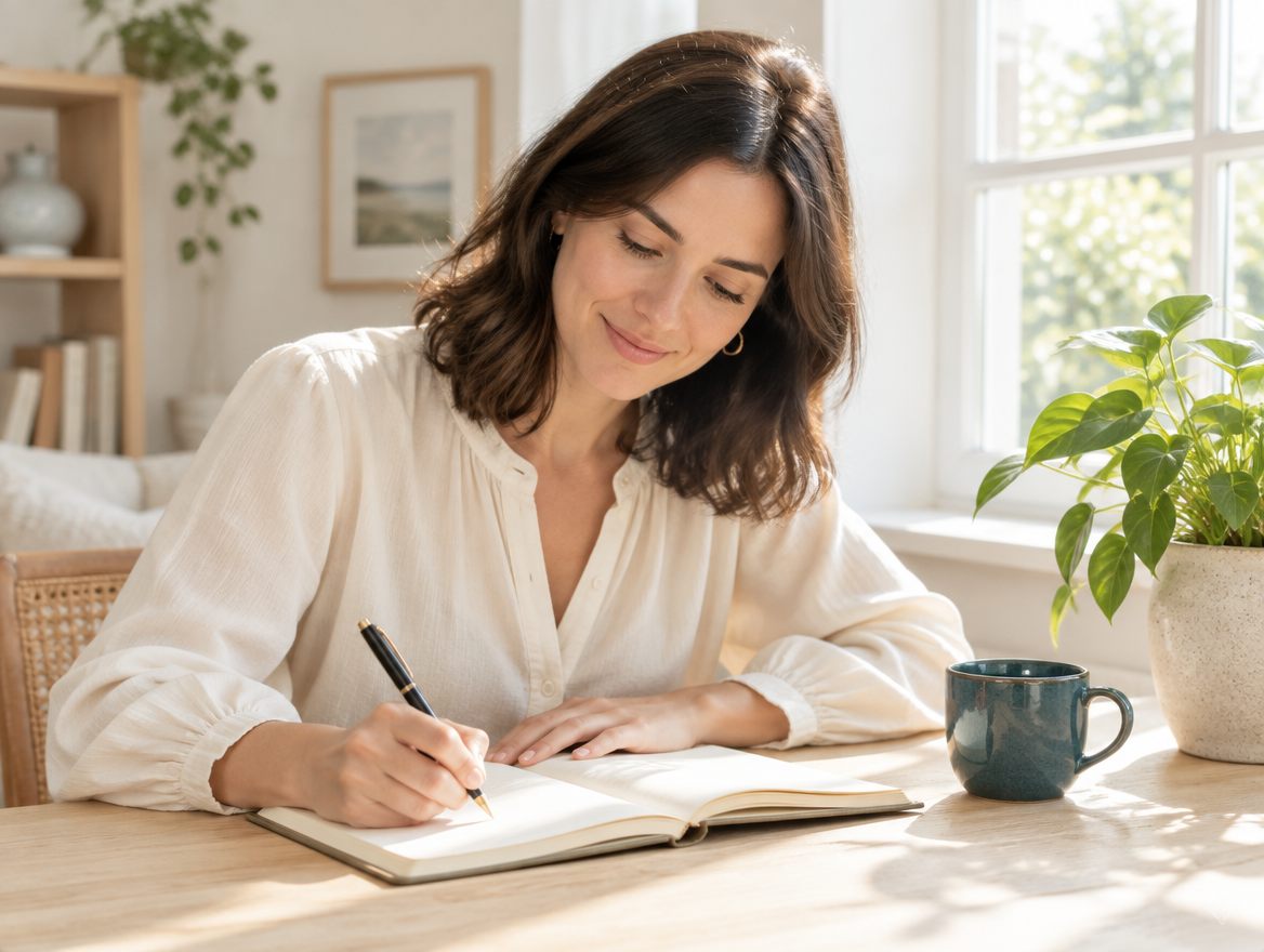 A practitioner writing in a notebook at a sunlit desk