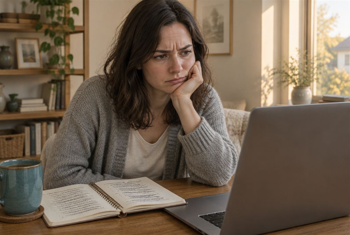 A practitioner at her desk, stuck and frustrated, looking at her laptop