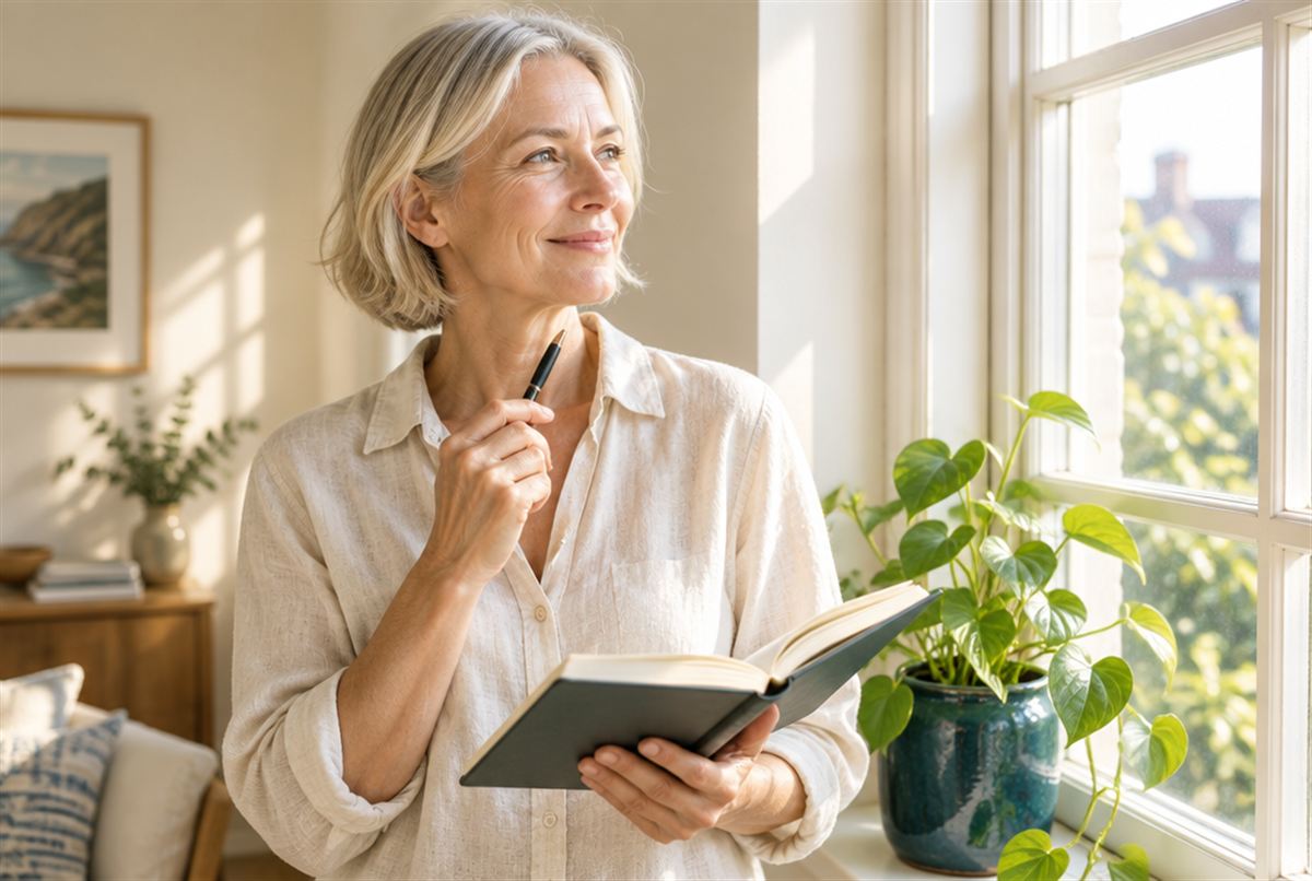 A practitioner by a sunlit window with her notebook as something clicks into place