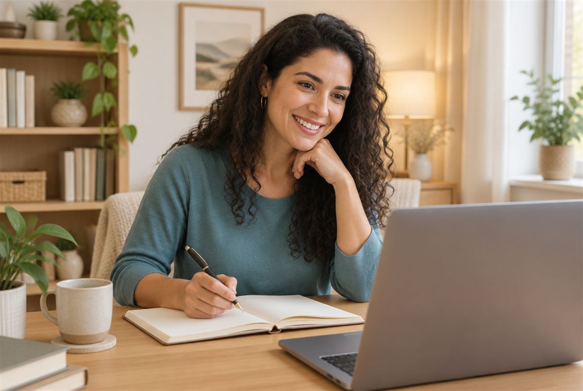 A practitioner smiling on a video call, getting helpful feedback