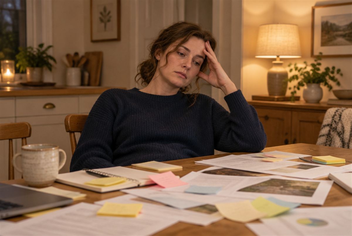 A practitioner at a table covered in notes, tired and overwhelmed