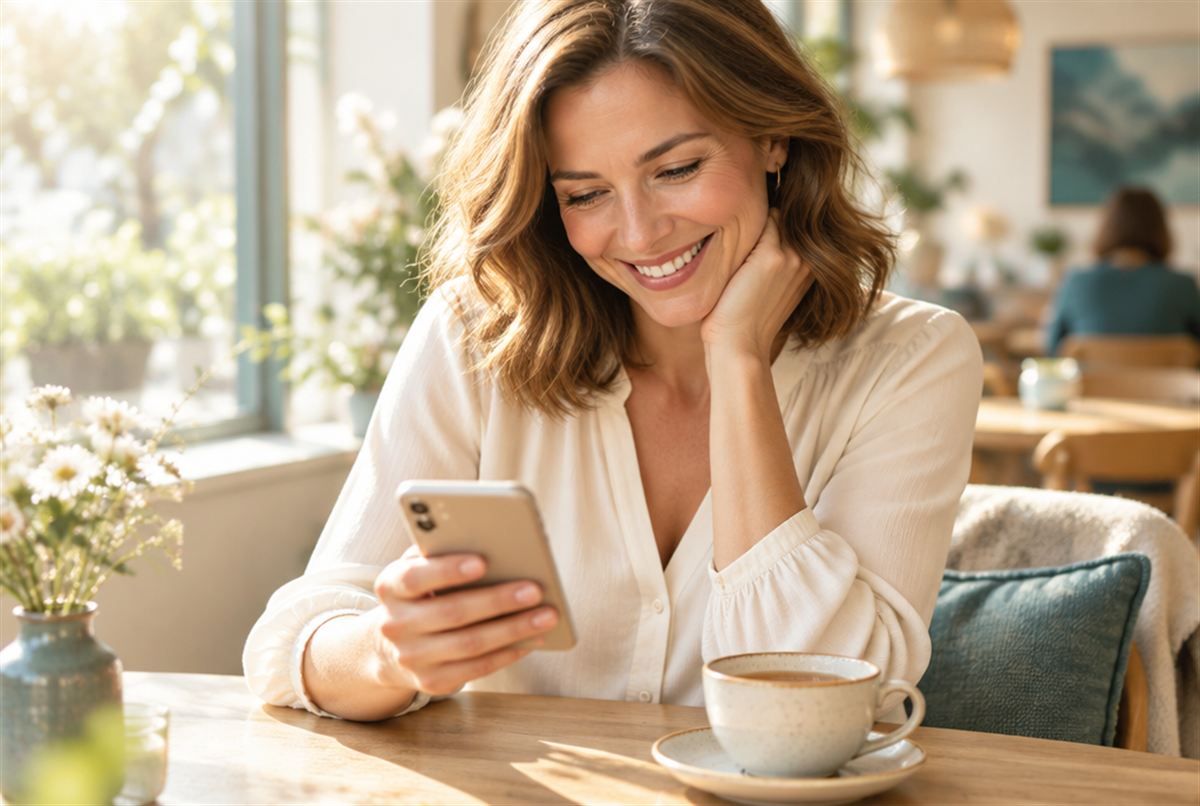 A practitioner in a cafe smiling at a kind message on her phone