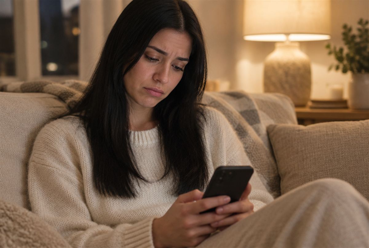 A practitioner on her sofa, disappointed as she scrolls her phone