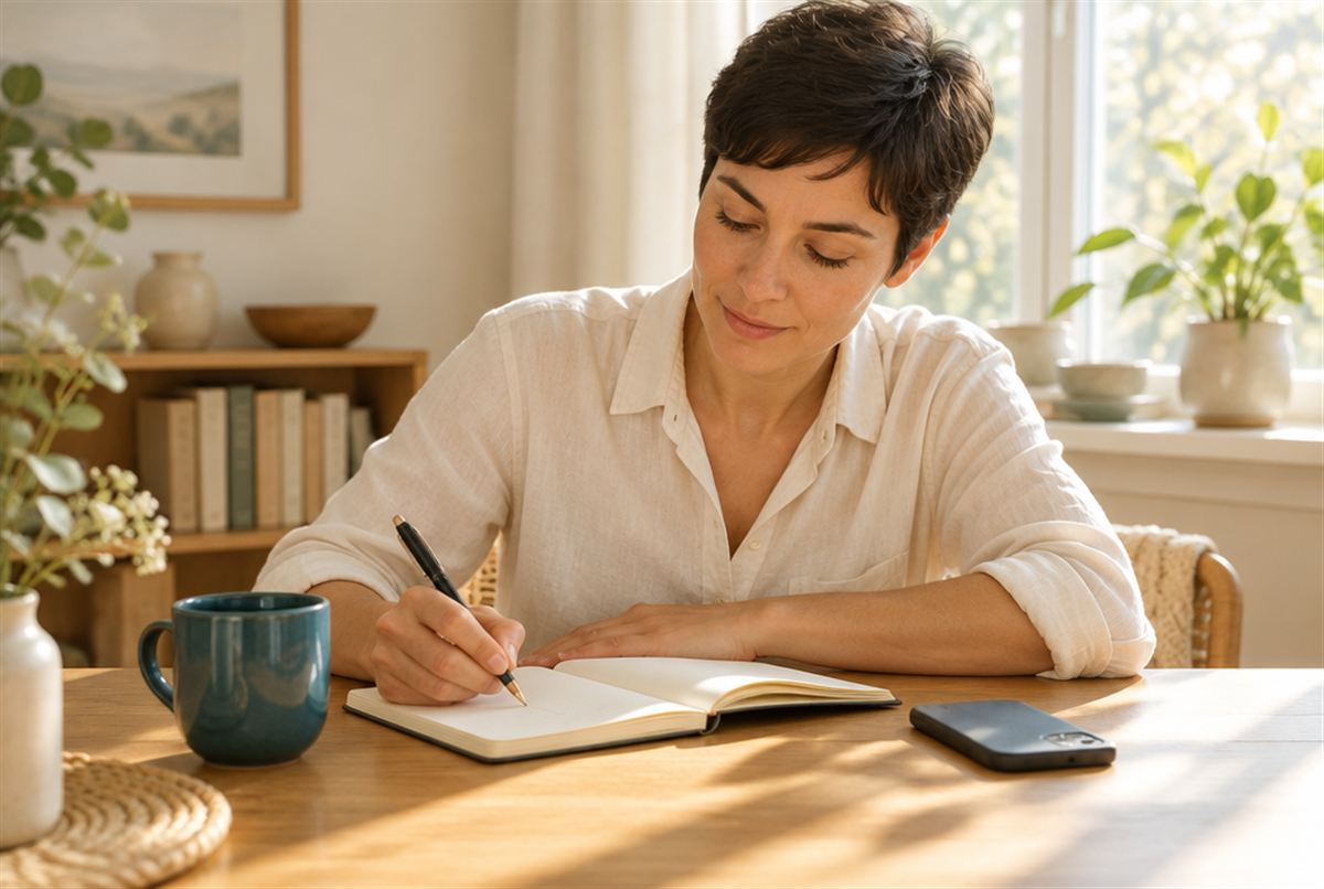 A practitioner writing a simple plan with her phone face down beside her