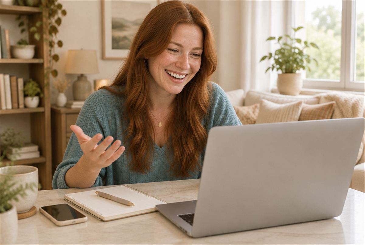 A practitioner laughing on a supportive group video call