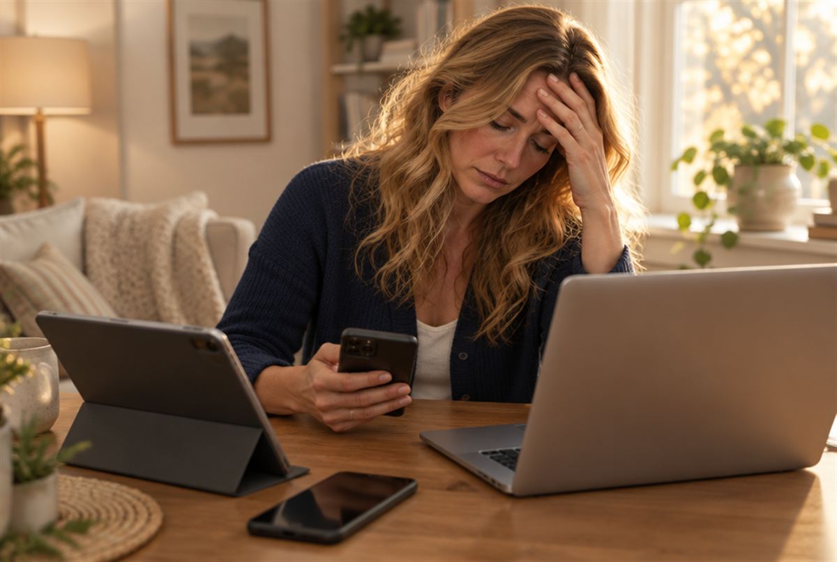 A practitioner surrounded by a laptop, tablet and phone, tired and stretched thin