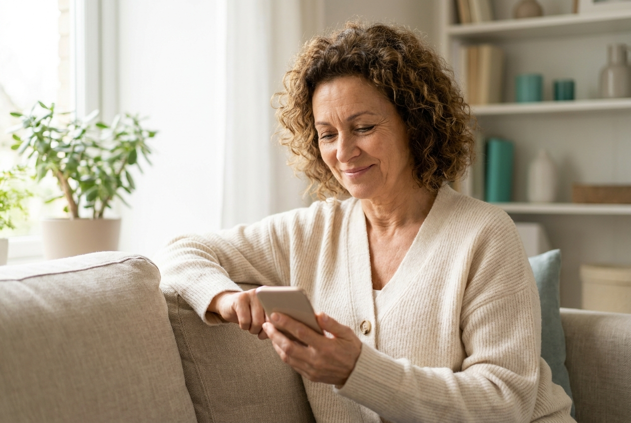 The same practitioner, now calm and confident, reading a warm reply from a new subscriber