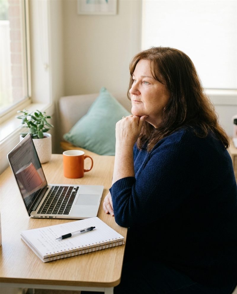 A practitioner at her desk, chin on her hand, looking out of the window as she thinks a problem through