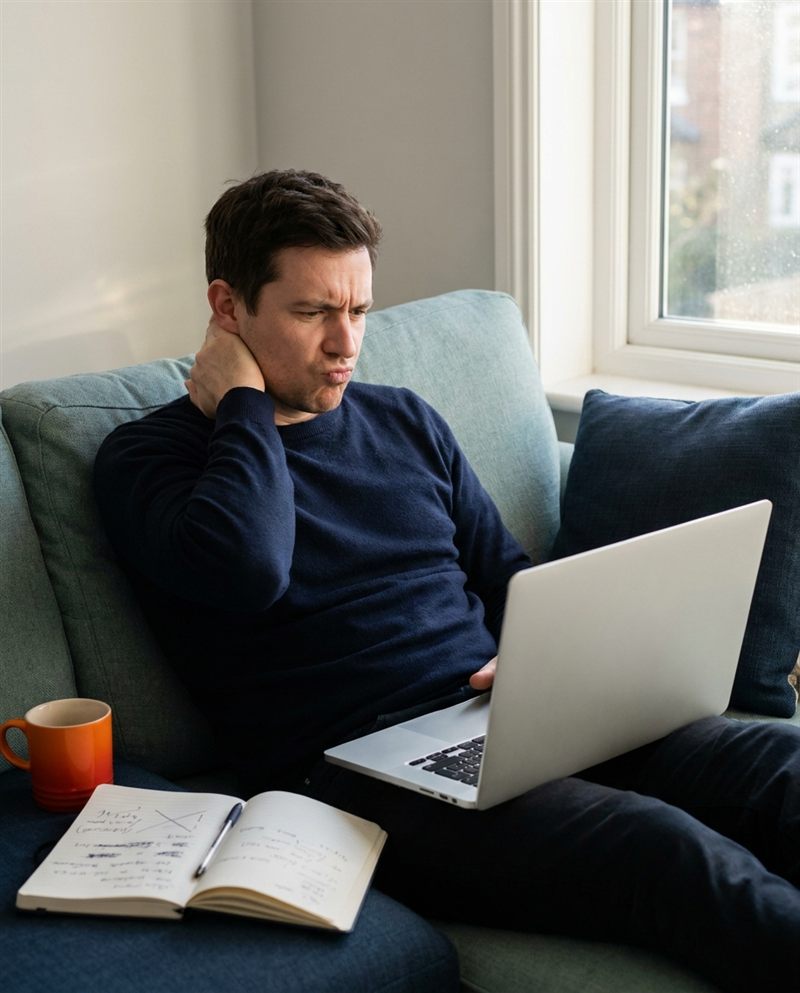A practitioner on the sofa with a laptop, rubbing his neck as he turns a decision over