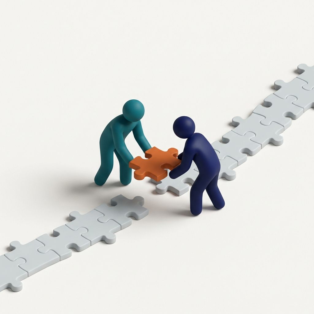 Two figures, one teal and one navy, fitting an orange jigsaw piece into a path together
