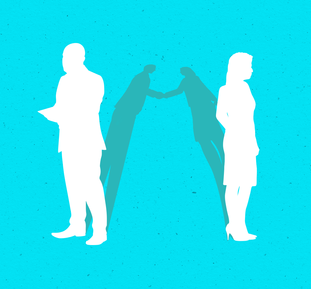 Two silhouettes facing away from each other while their shadows reach out and shake hands