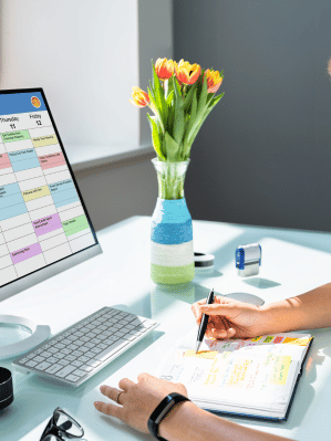 A practitioner planning at a bright desk with a calendar on screen