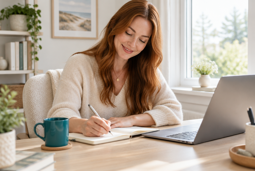 A therapist smiling at a tidy desk, writing a clear plan in her notebook