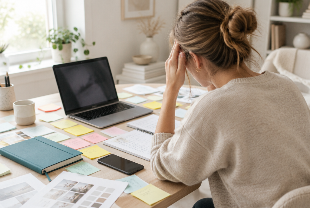 A coach at a desk covered in scattered sticky notes and lists, rubbing her temple