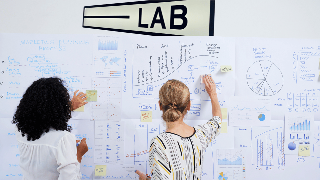 Two practitioners planning their marketing on a whiteboard wall under a LAB sign