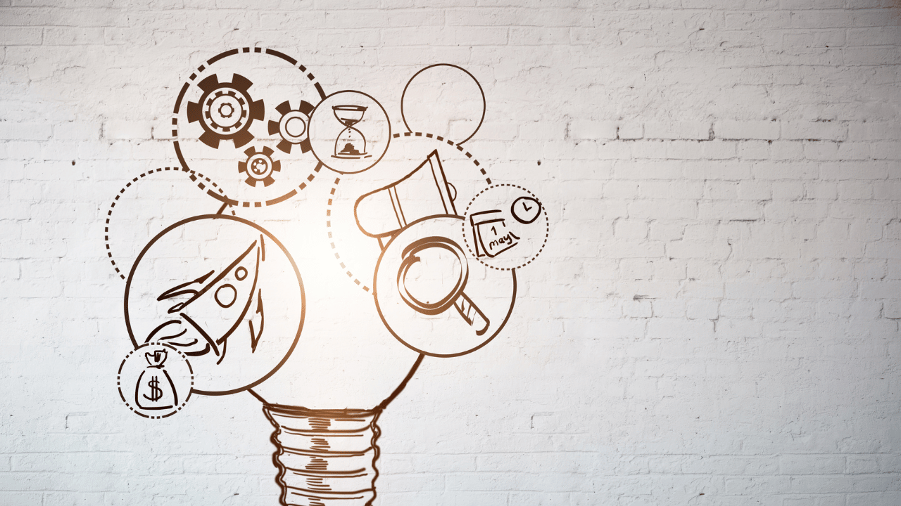 A sketched lightbulb full of ideas: a rocket, gears, a megaphone and a calendar