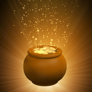 A glowing pot of gold coins