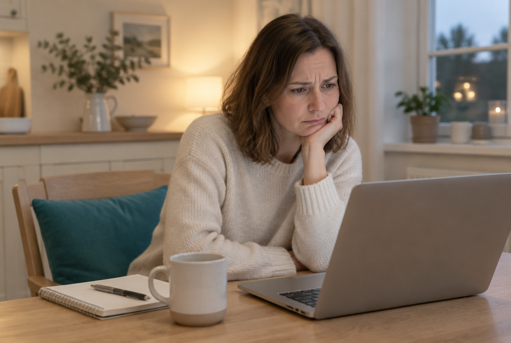 A counsellor at her kitchen table in the evening, looking worried at her laptop