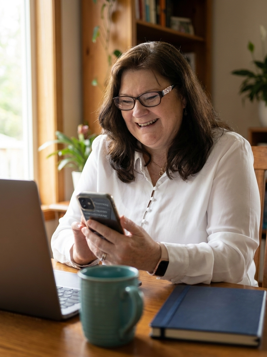 Carrie Wallis, marketing mentor and empowerment coach, working from her phone